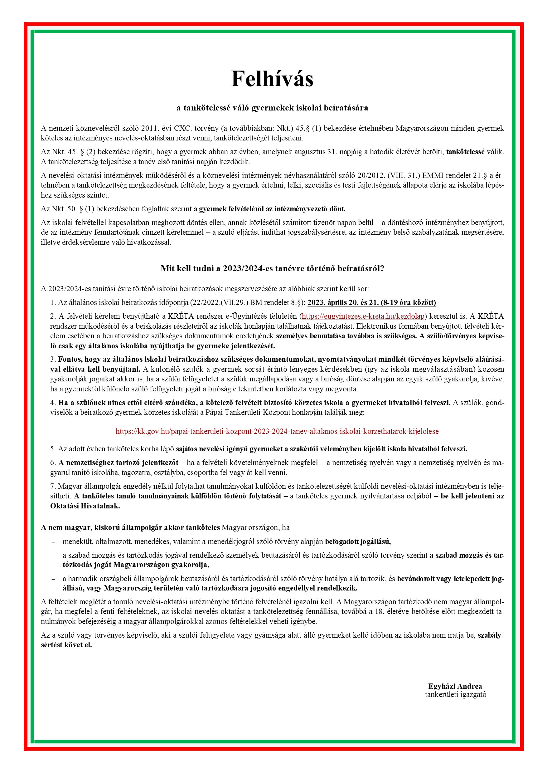 1. osztályosok beíratása a 2023/2024. tanévre